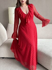 Vibekara Plus Size Women's V-Neck Flared Sleeve Party Office Sweet Sexy Dress With Ruffles And Polka Fall - Multicolor - View 6
