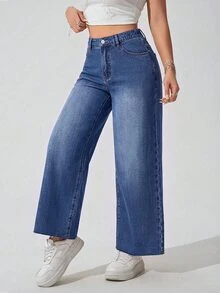 SHEIN ICON 女款大尺碼白色鬆緊腰毛邊直筒牛仔褲 - 藍色 - 查看 3