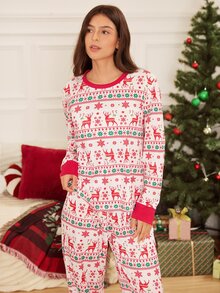 Doze Lane Casual pyjamassett för kvinnor med julhjort- och snöflingemönster, färgblock, lång ärm och rund hals - Rött och Vitt - Visa 4