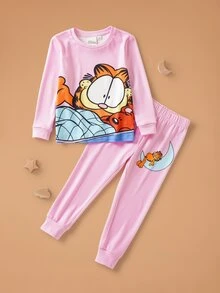 GARFIELD | SHEIN 女童卡通圖案長袖上衣與長褲休閒日常居家睡衣套裝 - 粉色 - 查看 1