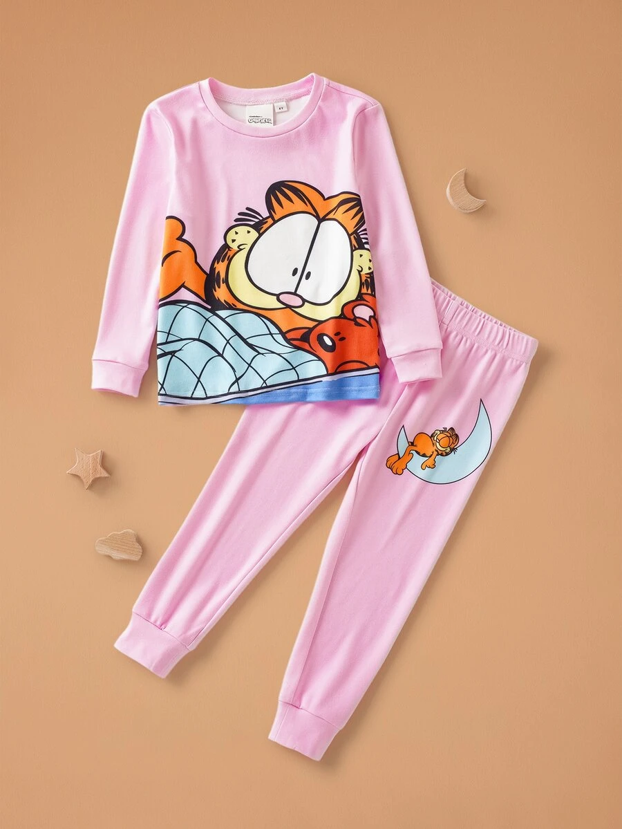 GARFIELD | SHEIN 女童卡通圖案長袖上衣與長褲休閒日常居家睡衣套裝 - 粉色 - 查看 1