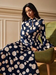 SHEIN French Style Large Polka Dot Long Dress, Ruffle Collar, Long Sleeve, High Waist, Slimming Layered Hem, Versatile Daily & Travel Long Dress - Multicolor - View 4