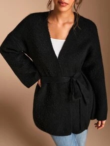 SHEIN BASICS Cardigan Wanita Warna Polos Kasual Serbaguna untuk Pemakaian Sehari-hari - Hitam - View 6