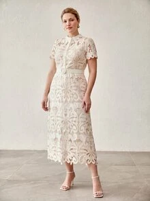 MOTF PREMIUM WATER-SOLUBLE EMBROIDERY PLUS SIZE WOMEN'S SHORT SLEEVE ELEGANT DRESS - Apricot - View 7