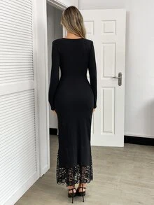 Elyressa 女款蕾絲拼接休閒優雅極簡派對晚餐約會晚禮服，黑色，秋冬款 - 黑色 - 查看 2