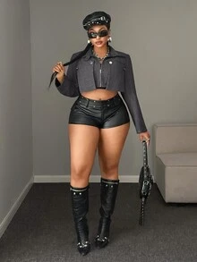 Maweii Plus Size Casual Streetwear Short Long Sleeve Jacket - Dark Grey - View 3