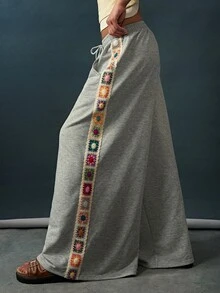 Bohemela Women's Vintage Woven Drawstring Waist Pocket Loose Long Pants - Grey - View 4