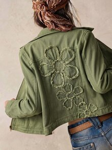 Bohemela Jaket Denim Tenun Polos Kasual untuk Wanita, Potongan Pas Badan - Hijau Tentara - View 1