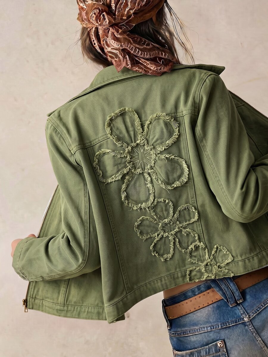 Bohemela Jaket Denim Tenun Polos Kasual untuk Wanita, Potongan Pas Badan - Hijau Tentara - View 1