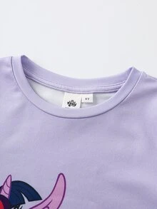 My Little Pony X SHEIN طقم ملابس نوم منزلية كاجوال يومي للبنات الصغيرات بنقشة كرتونية، توب بأكمام قصيرة وشورت - الأرجواني - مشاهدة 3