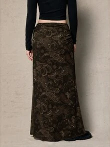 Freevana Plus Size Bohemian 90s Vintage Western Style Paisley Flower Print Versatile Black Knit Skirt For Women, Autumn/Winter Fall Brunch Date Night - Multicolor - View 2