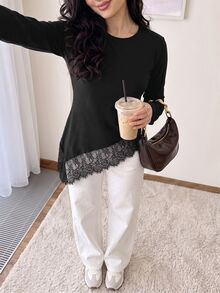 Solavon 女款蕾絲拼接休閒優雅日常長袖T恤 早午餐穿搭 黑色 秋季 - 黑色 - 查看 4
