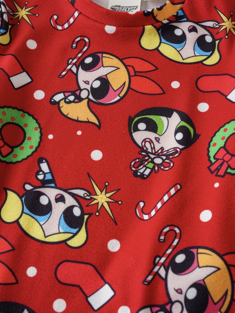 THE POWERPUFF GIRLS X SHEIN 女童卡通印花短袖上衣與長褲休閒日常居家睡衣套裝 - 紅色 - 查看 4