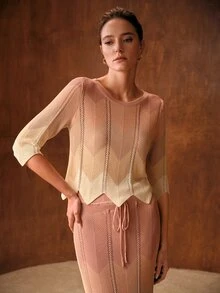 MOTF PREMIUM AUTUMN/WINTER HIGH-END WOMEN'S GRADIENT COLOR 3/4 SLEEVE SWEATER AND KNITTED MIDI SKIRT ELEGANT SET - Pink - View 4