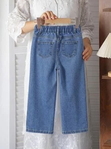 SHEIN Vintaside Kids (Young Girl) 牛仔長褲，時尚個性甜美復古可愛彩色花卉刺繡藍色水洗寬鬆直筒長褲，女士甜美風休閒度假下著 - 深色水洗藍 - 查看 2