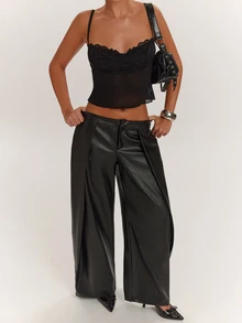 SHEIN BAE Pantalones largos plisados de cuero negro versátiles de moda para mujer otoño/invierno, atuendo de moda vintage, ropa de calle diaria, ropa de oficina para ir al trabajo, atuendo para fiesta en discoteca, atuendo para festival de música, atuendo para volver a la escuela - Negro - Ver 3