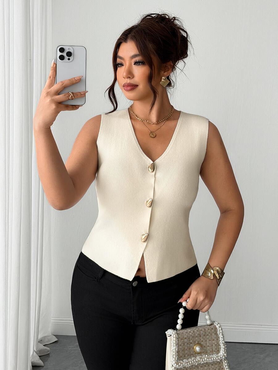 Elenzga Plus Size Women's Solid Color Single-Breasted Casual Daily Cardigan - Beige - View 1