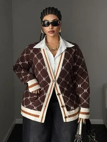 Maweii Plus Size Women's Letter Stripe Long Sleeve Single-Breasted Knit Cardigan - Coffee Brown - View 6