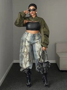 Maweii Plus Size Green Streetwear Cropped Jacket Fall - Green - View 3
