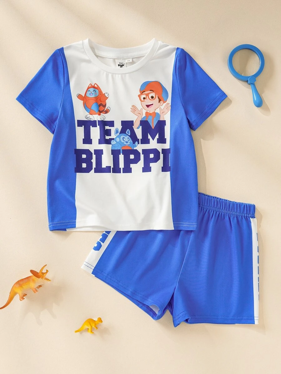 Blippi X SHEIN Young Boy Letter Cartoon Print Short Sleeve T-Shirt And Shorts Set - Blue - View 1