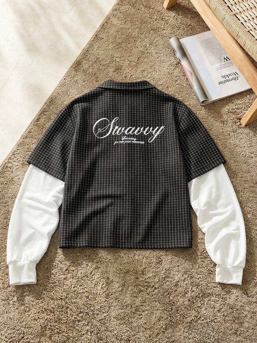 SWAVVY 男士 2 合 1 拼接字母圖案休閒日常長袖襯衫 - 黑色 - 查看 1