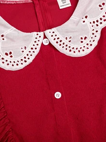 SHEIN 少女對比領紅色燈芯絨荷葉邊收腰A字洋裝 - 紅色 - 查看 8