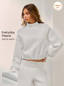 GLOWMODE Cozy Street Collection Everyday Fleece Whole Lotta Cozy Wide-Ribbed Stand Collar Sweatshirt With Adjustable Hem Daily Casual Fall Winter Wear - White - View 1