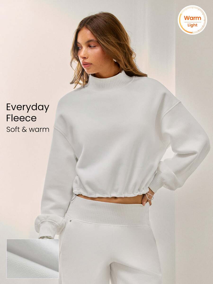 GLOWMODE Cozy Street Collection Everyday Fleece Whole Lotta Cozy Wide-Ribbed Stand Collar Sweatshirt With Adjustable Hem Daily Casual Fall Winter Wear - White - View 1