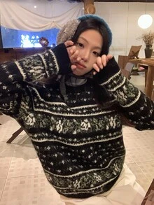 DAZY Women's Autumn/Winter Round Neck Long Sleeve Fair Isle Sweater - Black - View 5
