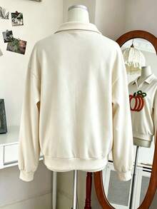 INAWLY Women's Pumpkin Embroidery Drop Shoulder Long Sleeve Casual Loose Sweatshirt - Apricot - View 2