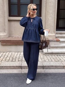 SHEIN 孕婦休閒前綁帶長袖上衣與牛仔褲兩件套 西式女裝 牛仔女郎秋季穿搭 - 藍色 - 查看 4