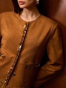 MOTF JAKET LENGAN PANJANG WANITA MODEL VINTAGE DENGAN SAKU BERHIAS PAYET DAN MANIK-MANIK - Coklat - View 2