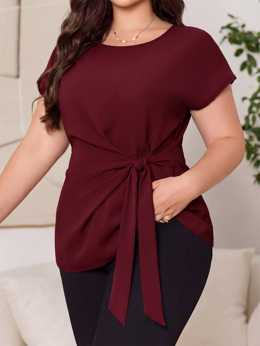Reflora Plus Size Women's Solid Color Casual Versatile Everyday Shirt - Burgundy - View 1