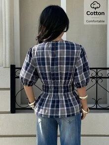 Siren Gaze Women's Fashion Plaid Waist-Cinching Ruffle Hem Blouse - Blue - View 2