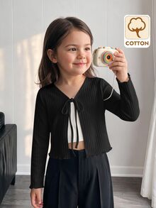 SHEIN 少女休閒日常針織蝴蝶結綁帶白色修身前開襟長袖秋季上衣 - 黑色 - 查看 2