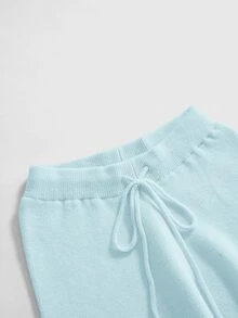 ROMWE Kawaii 女款 2 件套 肩帶 V 領蕾絲吊帶寬鬆寬腿褲舒適居家毛衣 - 淺藍色 - 查看 3
