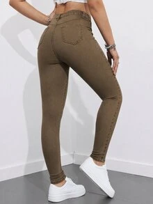SHEIN ICON 女款休閒日常牛仔褲，附口袋與鈕扣 - 棕色 - 查看 2