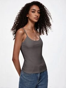 SHEIN BASICS 女款素色休閒日常穿搭細肩帶背心上衣 - 深灰色 - 查看 12