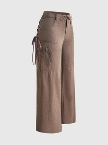 ROMWE Street Life Street Style Hot Girl Low Waist Lace-Up Cargo Pants Y2K Women's - Dark Grey - View 1