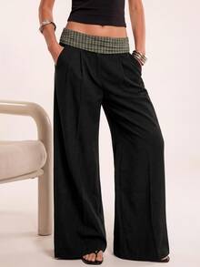 Avantive Women's Waist Patchwork Plaid Wide Leg Loose Long Pants - Multicolor - View 3
