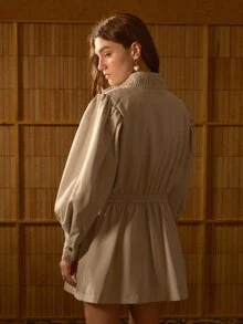 MOTF STUDIO WOMEN'S AUTUMN WAIST DRAWSTRING UMBRELLA HEM SINGLE-BREASTED LONG TRENCH COAT - Khaki - View 3