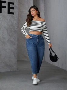SHEIN Essnce 大尺碼時尚百搭鈕扣口袋牛仔短褲 - 中等水洗藍 - 查看 6