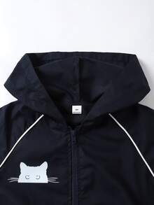 SHEIN 3件組 青少年女孩海軍藍返校系列 藍色條紋飾邊連帽拉鍊外套、背心與寬鬆褲套裝 - 藏蓝色 - 查看 3