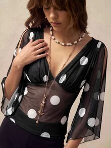 Bohemela 女款黑白波點網紗開衩袖時尚性感上衣，適合夜生活、約會之夜、秋季穿搭 - 黑色 - 查看 8