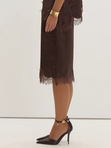MUSEYN Brown Satin Lace Trim Midi Skirt Date Night Timeless New Season Fall - Brown - View 3