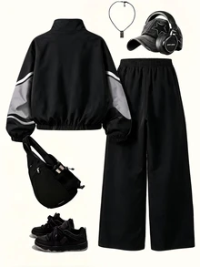 SHEIN 秋冬青少年男孩2件套 黑色與灰色波浪對比色立領拉鍊夾克外套與波浪滿版印花慢跑長褲 街頭運動套裝 - 黑色 - 查看 2