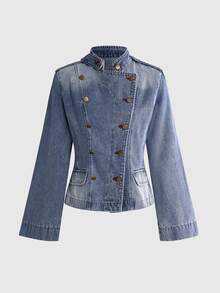ROMWE Hippie Women's Autumn/Winter Washed Denim Jacket With Contrast Buttonholes - Medium Wash - View 1