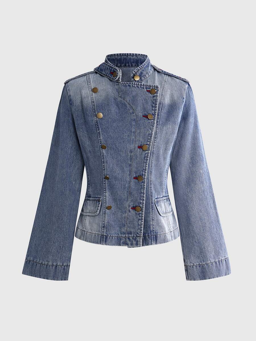 ROMWE Hippie Women's Autumn/Winter Washed Denim Jacket With Contrast Buttonholes - Medium Wash - View 1