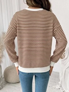 SHEIN LUNE 女款條紋紋理布料圓領落肩長袖運動衫 - 彩色 - 查看 3