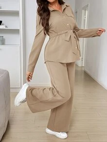 SHEIN 孕婦純色長袖上衣與可調腰長褲休閒日常兩件套 秋季 - 卡其色 - 查看 4